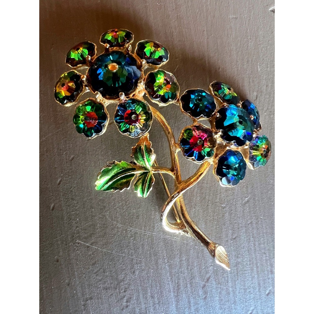 Flower Brooch AB Rhinestones‎ Gold Floral Spray Color Pop Statement Iridescent